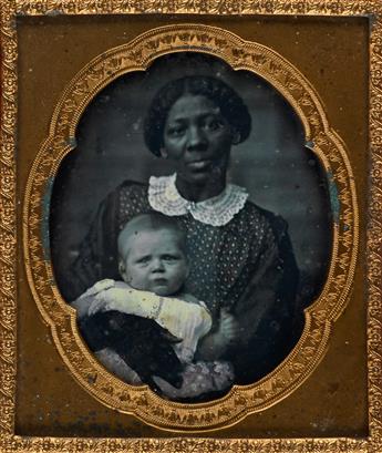 (AFRICAN AMERICAN) Group of 3 cased images, comprising a sixth-plate daguerreotype of a well-dressed woman holding an infant;